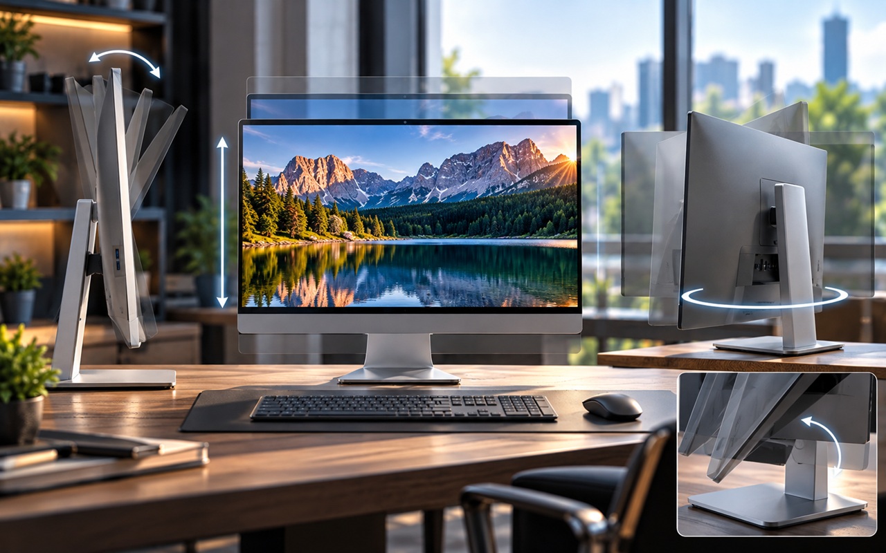 Ergonomic desk setup with a central monitor and two adjustable side screens on arms, showing height and tilt aktions (mountains wallpaper).