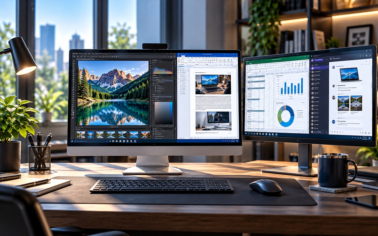 Dual-monitor office desk setup: left screen shows a mountain wallpaper, right screen displays spreadsheets and charts; webcam sits atop the center monitor; keyboard and mouse on a large wooden desk with a lamp, plant, and mug nearby.