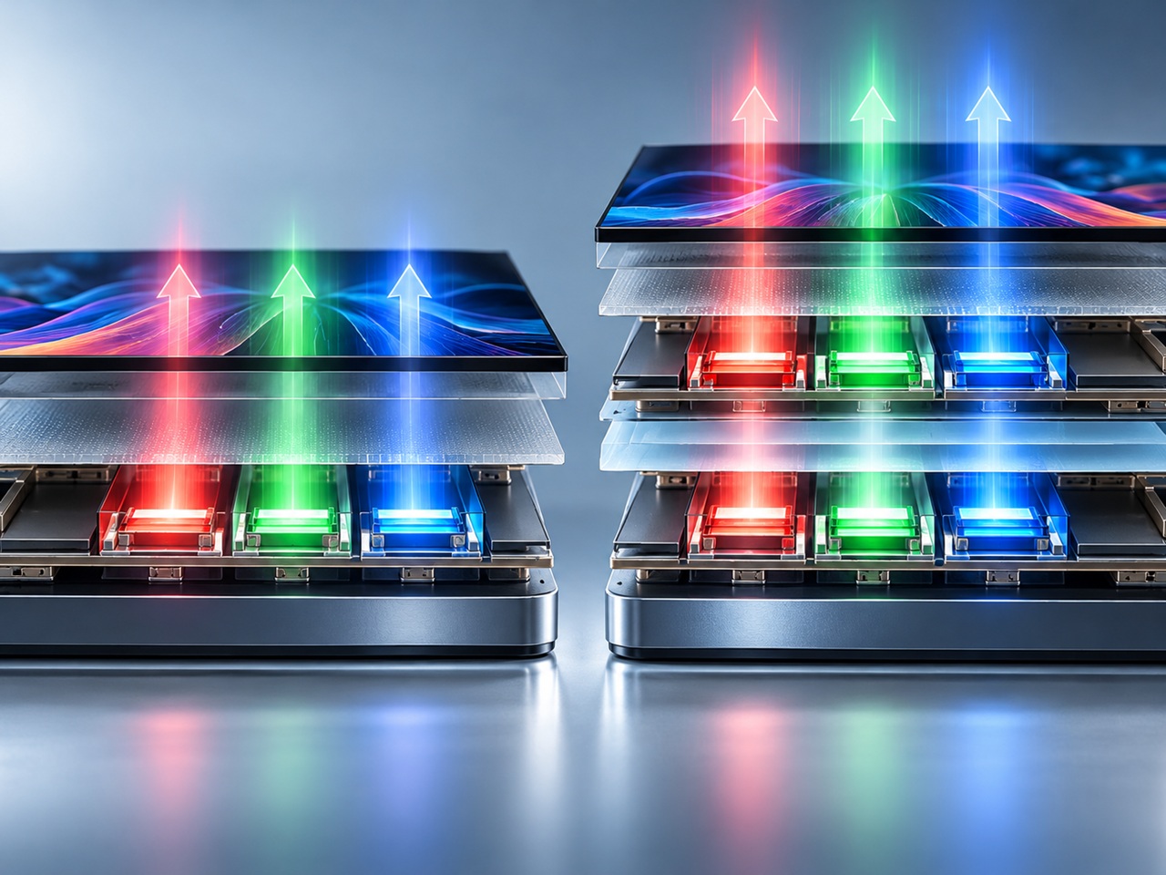 06_OLED_w_laptopie_poradnik_1610_Tandem_OLED - lab-kuzniewski.pl - Testy laptopów, recenzje i porównania Stack of metal data storage drives with multicolor LED indicators and upward arrows signifying data transfer.