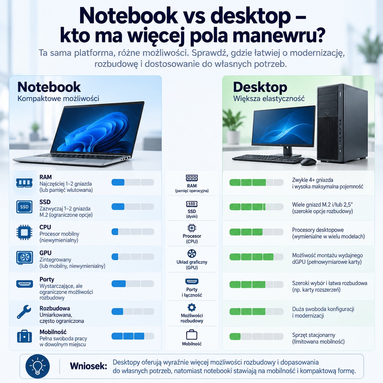 06_komputery_ceny_jesien2026_notebook_vs_desktop_1510 - lab-kuzniewski.pl - Testy laptopów, recenzje i porównania Infographic comparing notebook and desktop: RAM, SSD, CPU, GPU, ports; laptop on the left, desktop on the right.