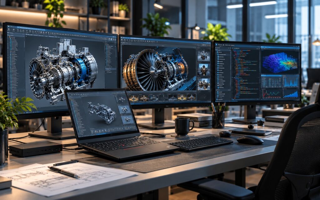 Desk setup with three large monitors displaying 3D engine CAD models, a laptop, keyboard, and office plants in the background.
