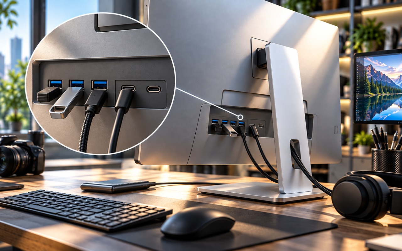 Back view of a desktop monitor with multiple USB-C/USB-A ports and cables connected, shown in a circular magnified inset highlighting the ports on the rear panel.