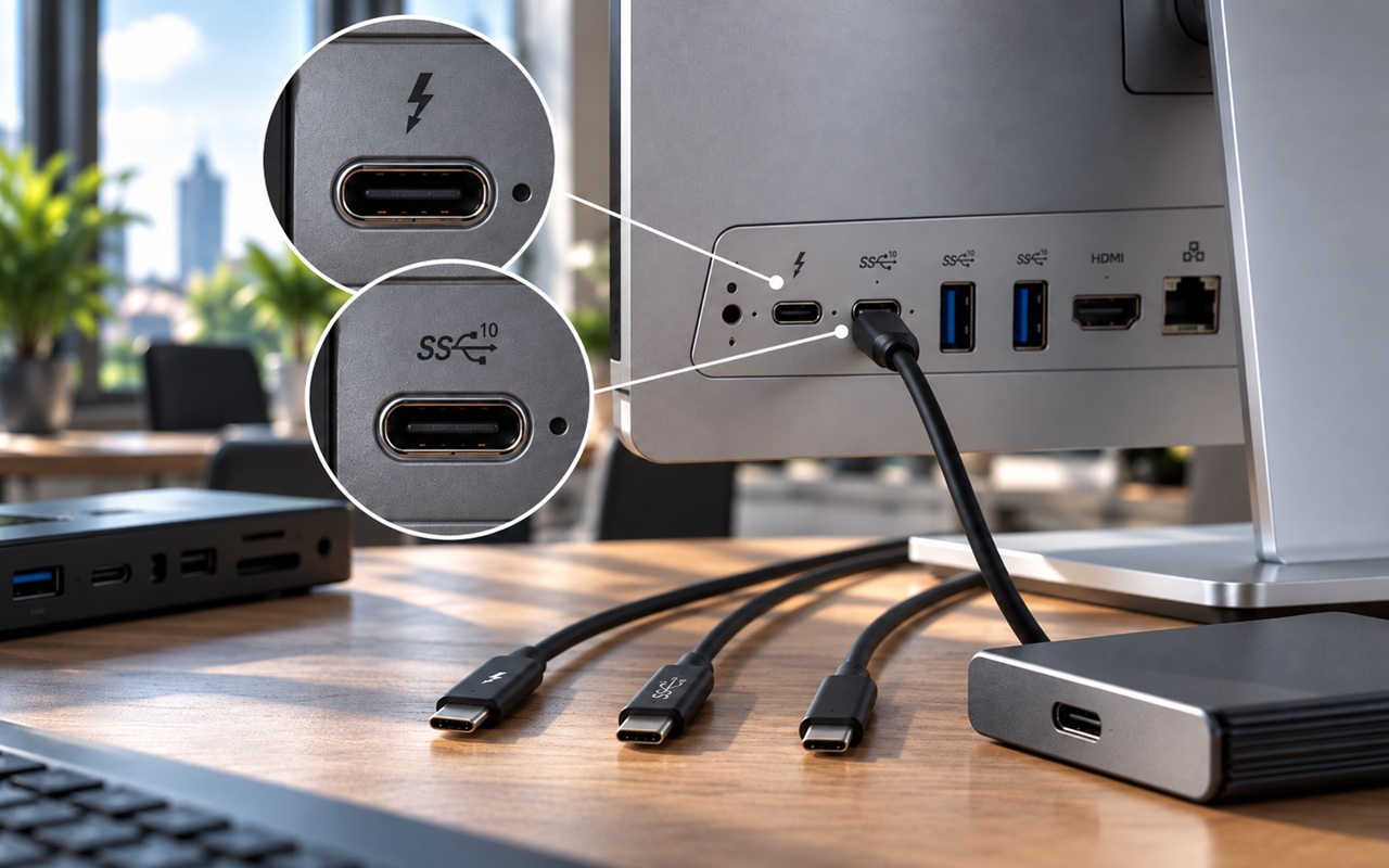 Rear view of a desktop computer showing USB-C/Thunderbolt ports with a cable plugged in and a few more cables on the desk; two circular insets highlight the USB-C/Thunderbolt connectors labeled SS10 and the surrounding port area.