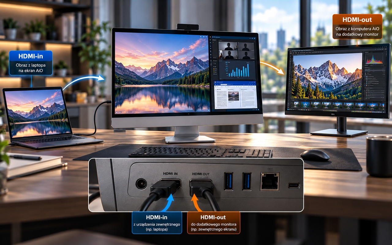 Desk setup showing HDMI-in from a laptop to the main monitor and HDMI-out to an external monitor with labeled ports on a black docking device.