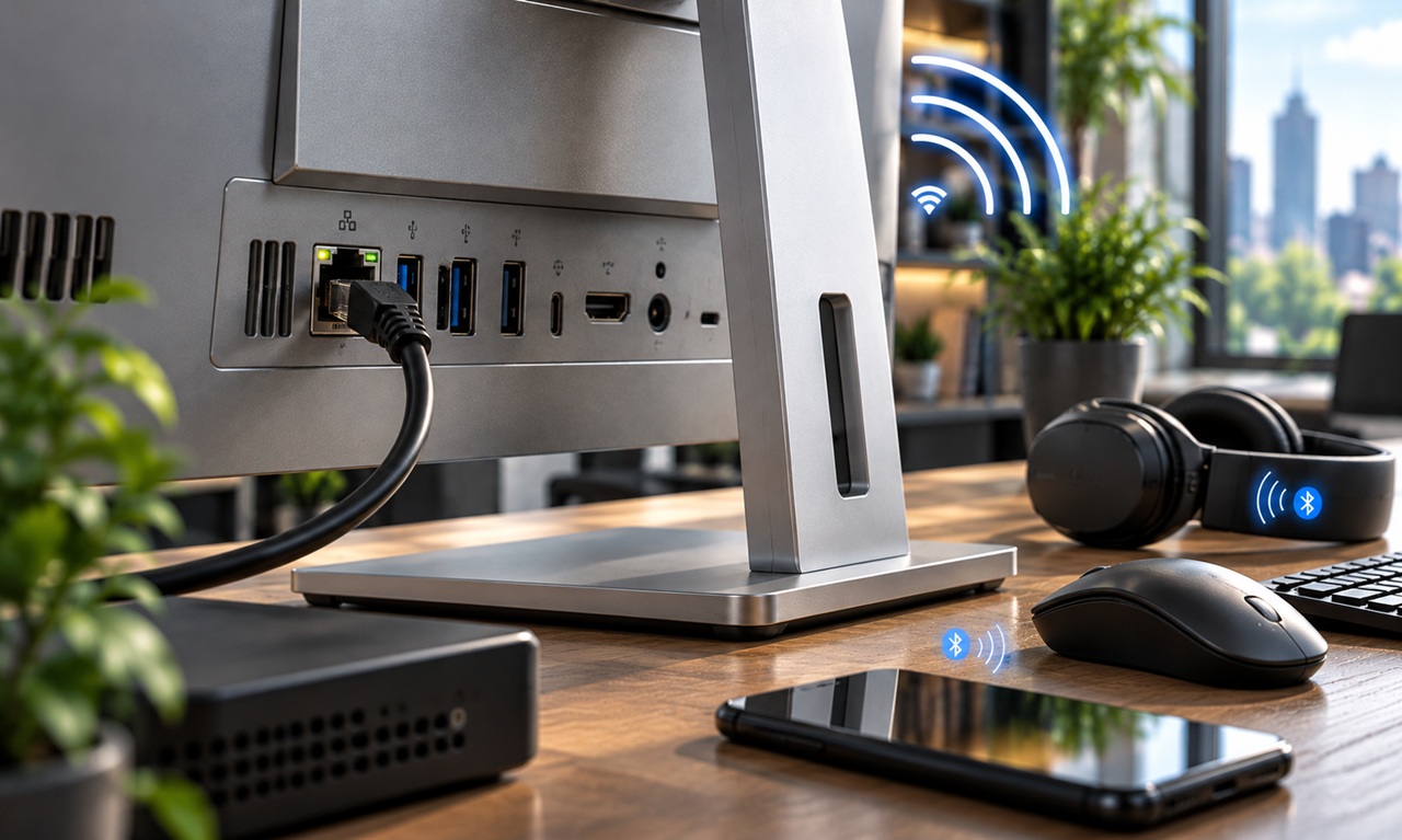 Desktop computer on a wooden desk with USB ports, a smartphone, wireless Bluetooth icons, and headset pieces nearby.