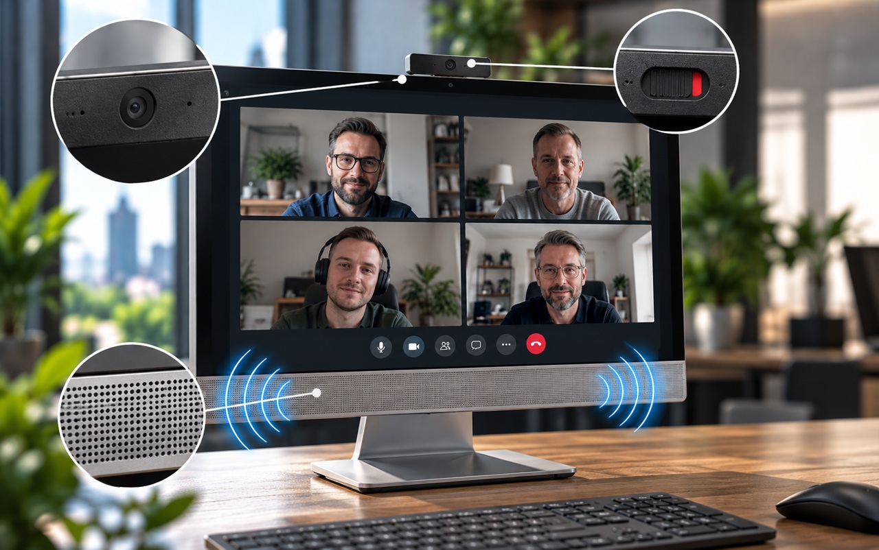Desktop monitor showing a four-way video call with webcam on top and a speaker–microphone bar at the bottom of the screen. Bluetooth-like signals glow from the sides, highlighting audio activity.