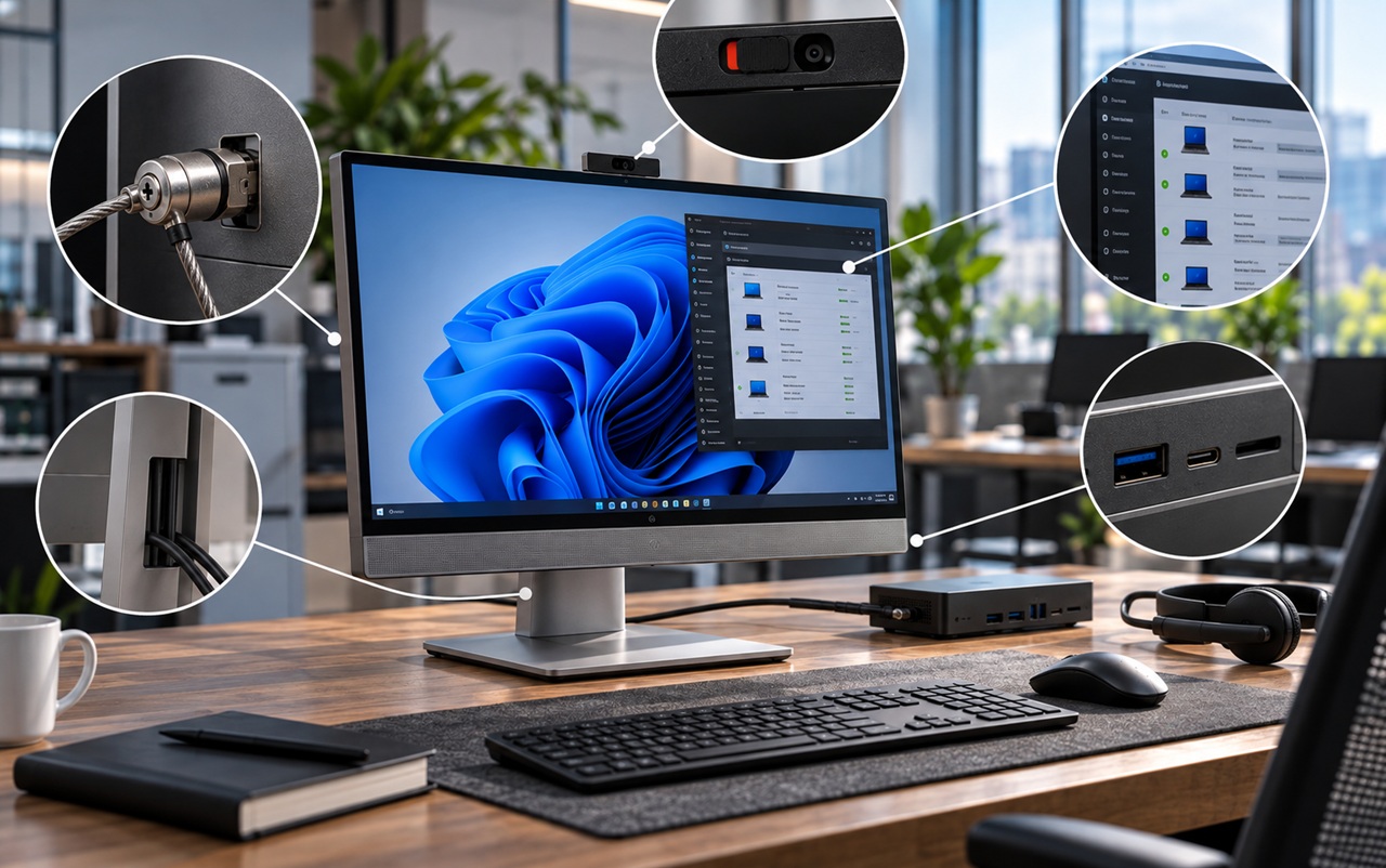 Office desk with a monitor and USB hub; callouts highlight the webcam, ports, and security lock.