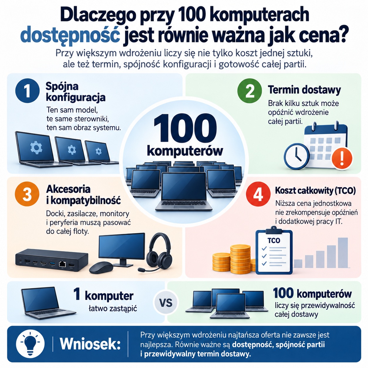 07_komputery_ceny_jesien2026_100_komputero_1510 - lab-kuzniewski.pl - Testy laptopów, recenzje i porównania Infografika po polsku o tym, dlaczego przy 100 komputerach dostępność jest ważna równie jak cena, z czterema sekcjami: konfiguracja, dostawa, akcesoria i TCO.