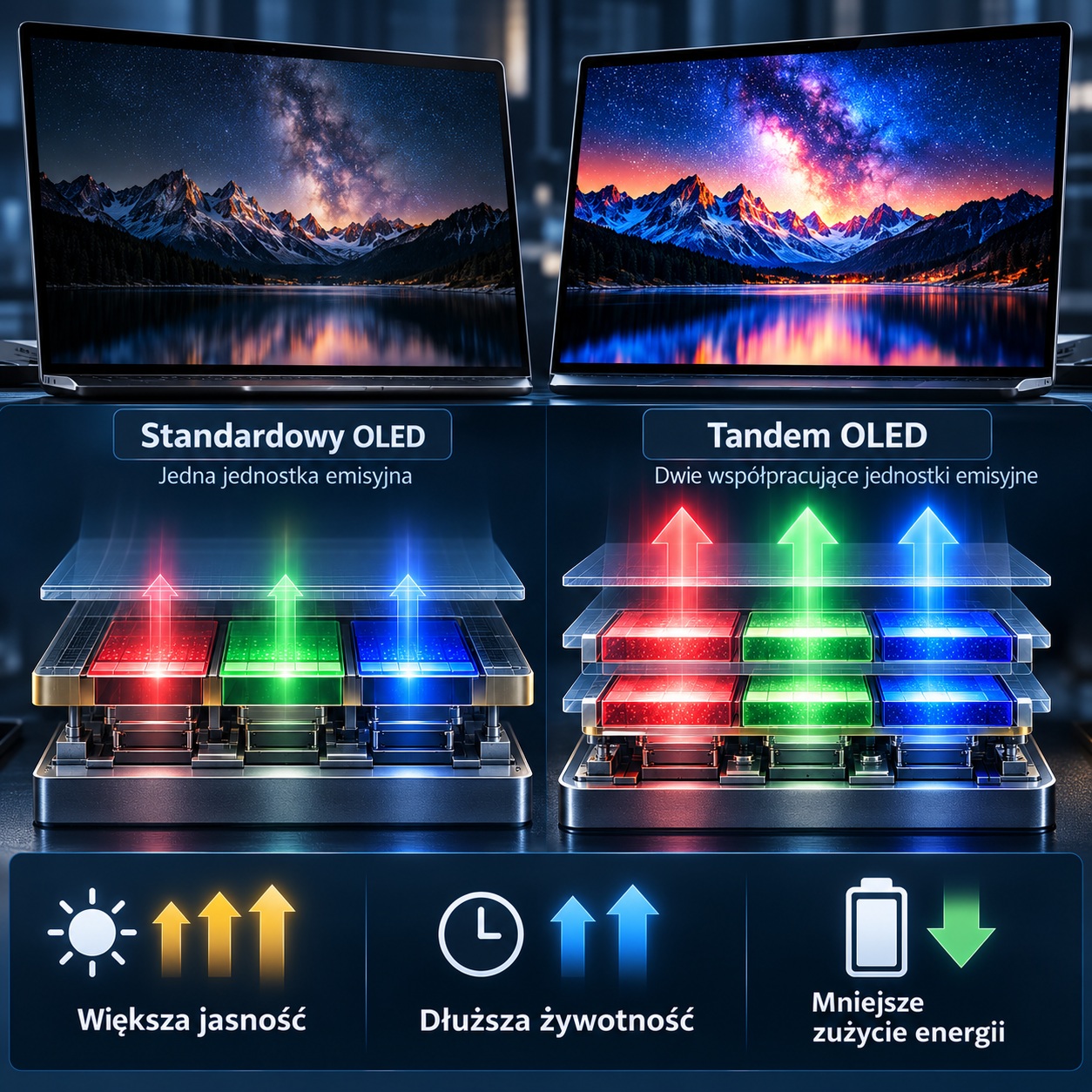 07a_OLED_w_laptopie_poradnik_1610_Tandem_OLED - lab-kuzniewski.pl - Testy laptopów, recenzje i porównania Two laptops compare standard OLED and tandem OLED with colorful glow blocks beneath, highlighting brightness, longevity, and energy use in Polish captions.