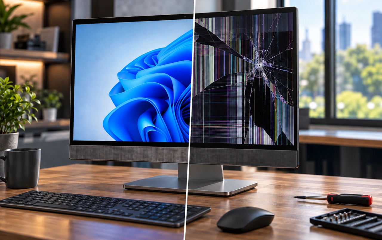 Monitor with a split screen: left side intact blue abstract wallpaper, right side cracked and shattered display surface signifying damage on the monitor's right half.