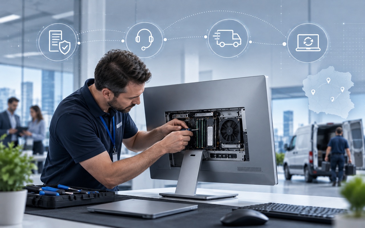 IT technician repairing the back of a desktop computer at a desk, with floating icons for IT support and logistics.