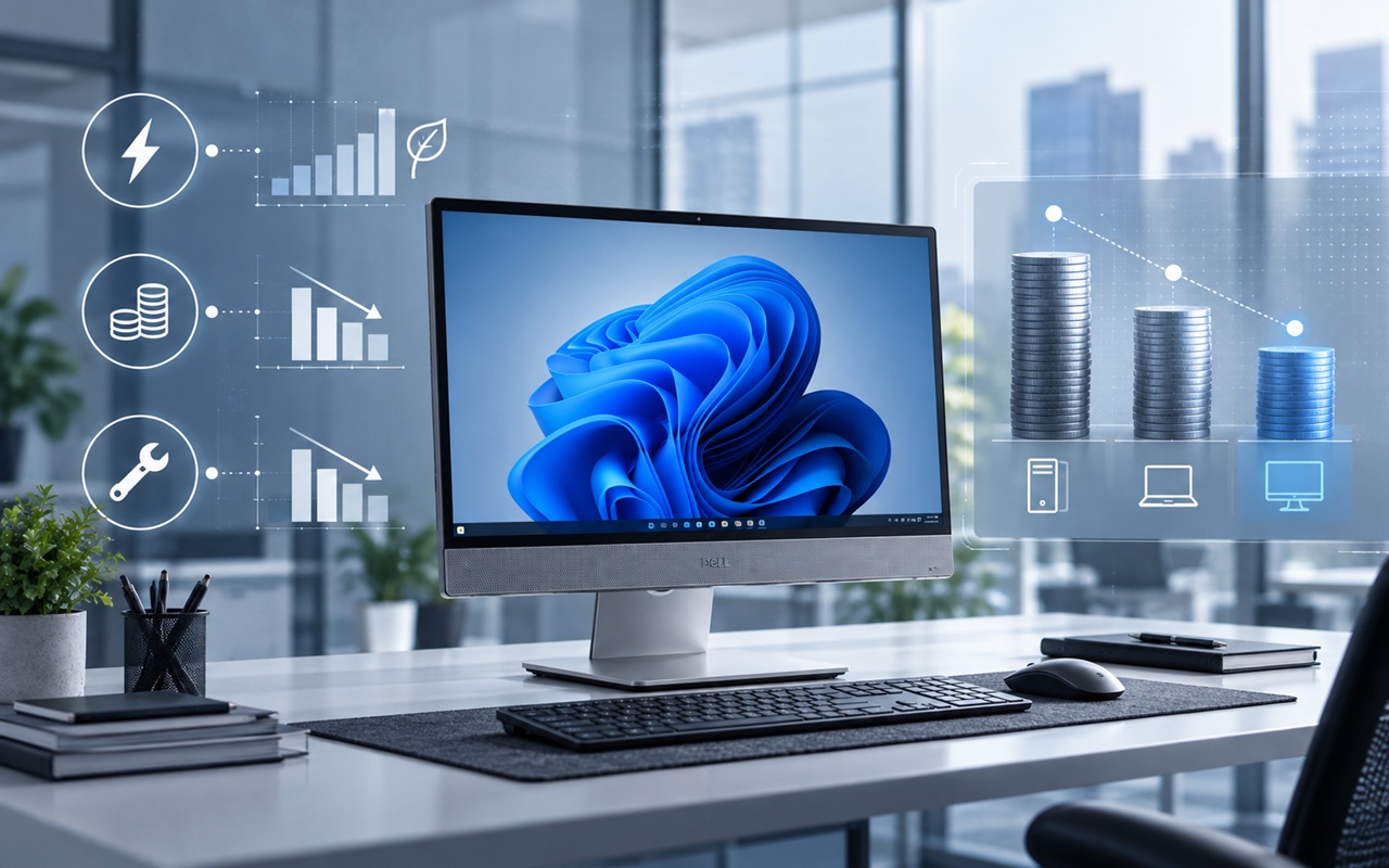 Desktop monitor on a white desk with translucent data dashboards and coin graphs floating beside it.