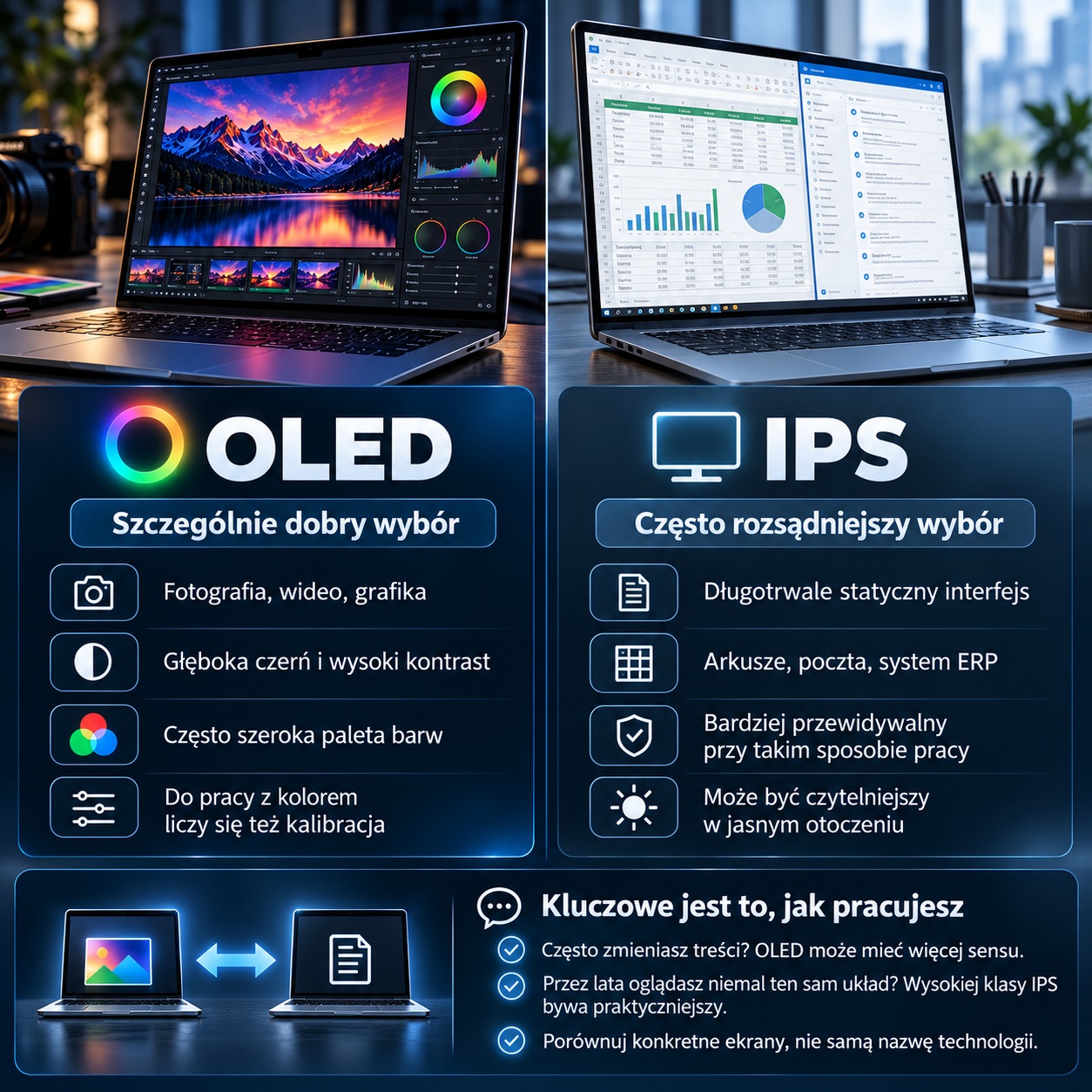 Split infographic comparing OLED and IPS displays; left panel lists OLED benefits in Polish, right panel lists IPS benefits.