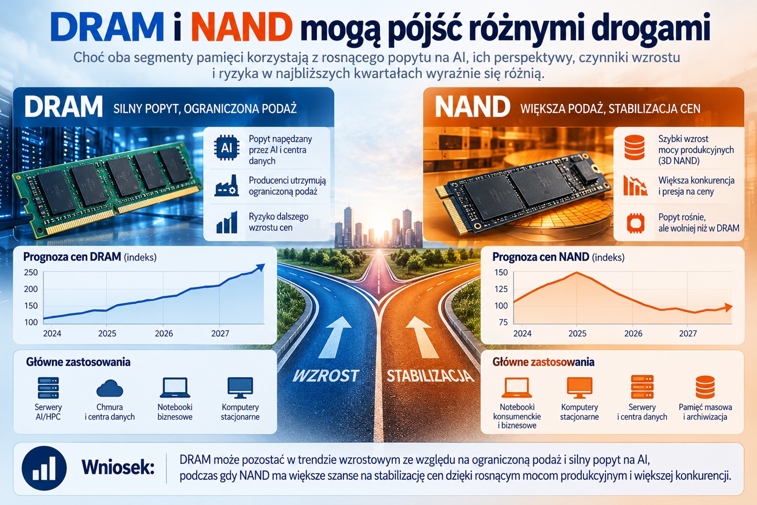 08_komputery_ceny_jesien2026_RAM_NAND_1510 - lab-kuzniewski.pl - Testy laptopów, recenzje i porównania Infografika porównująca DRAM i NAND: zastosowania, prognozy cen i trendy (grafiki i ikony)