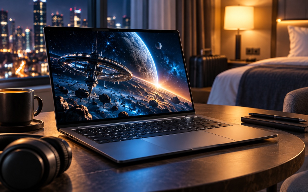Laptop on a round table displaying a space scene with a ringed planet, in a dim hotel room with city lights outside the window