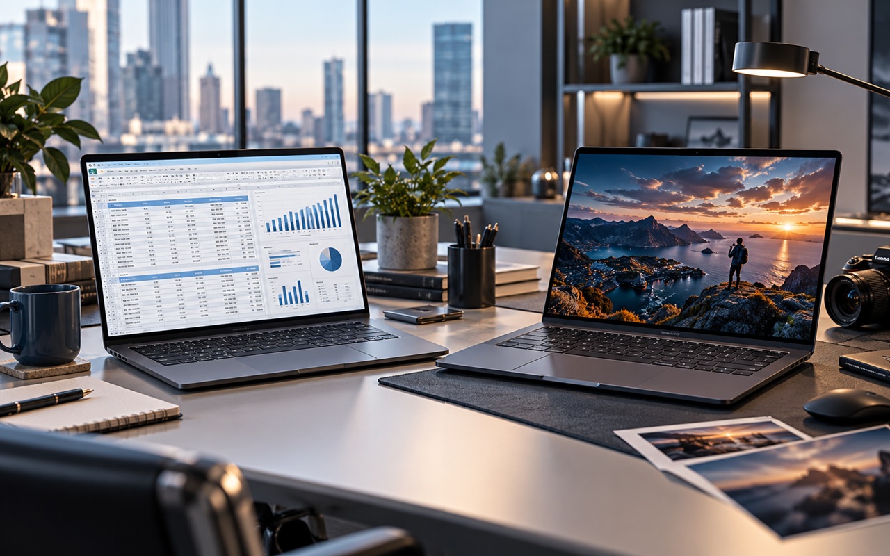 Two laptops on a bright desk: left screen shows a spreadsheet with charts, right screen displays a mountain sunset wallpaper.