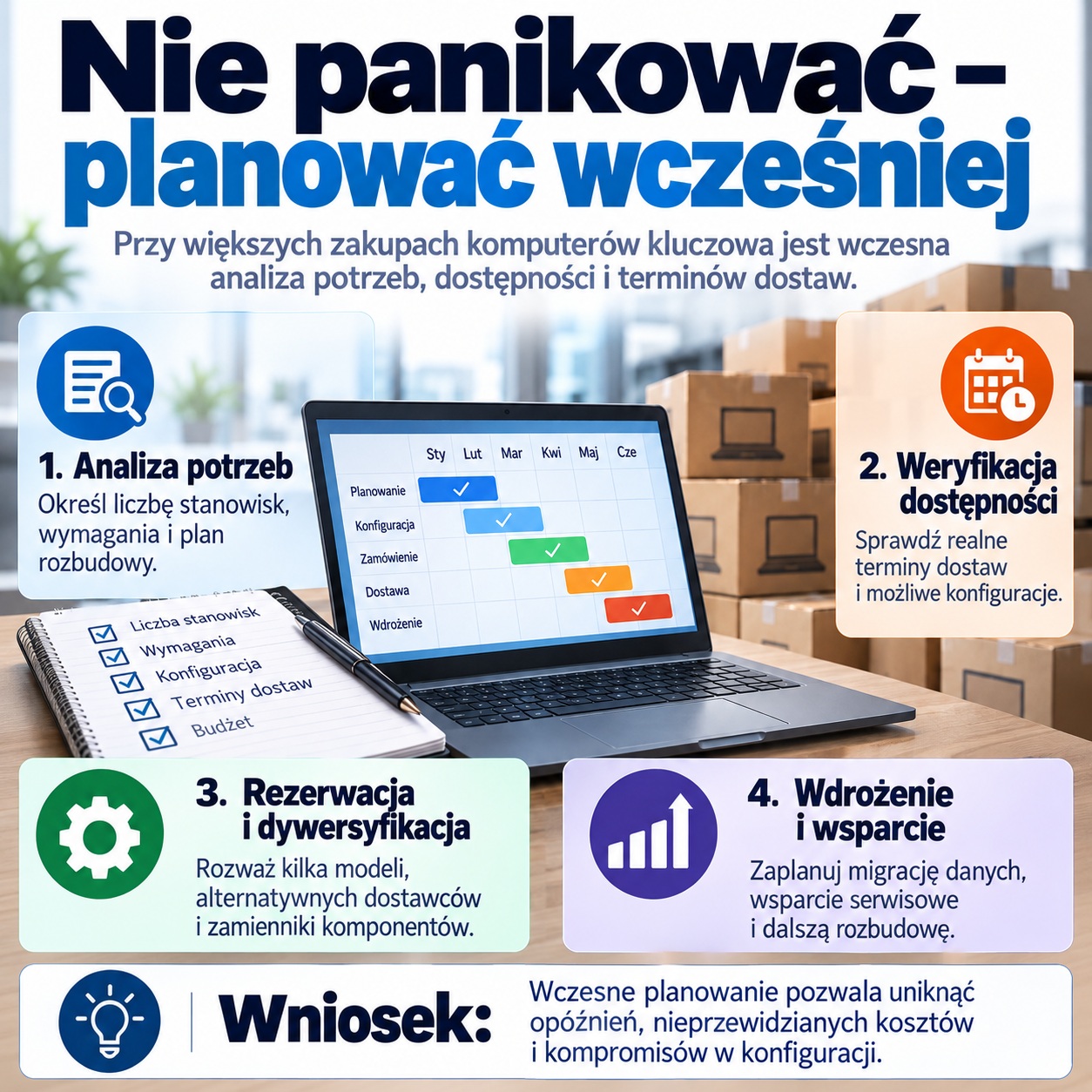 09_komputery_ceny_jesien2026_planowac_1510 - lab-kuzniewski.pl - Testy laptopów, recenzje i porównania Infographic in Polish about early IT procurement planning with four steps: analysis, availability verification, reservation/diversification, and implementation.