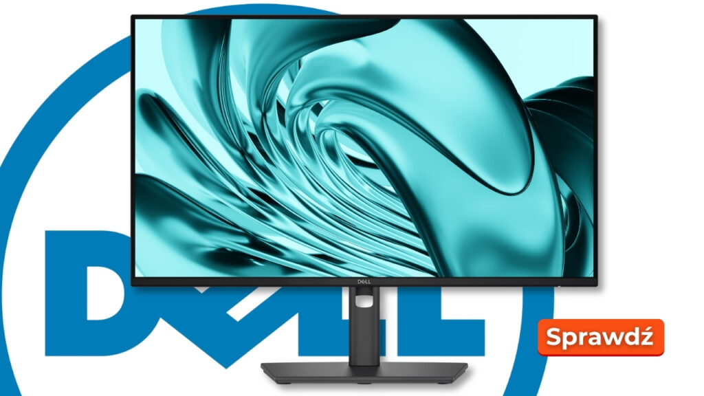Dell monitor on a stand with teal abstract wallpaper, Dell logo in the background and an orange 'Sprawdź' button