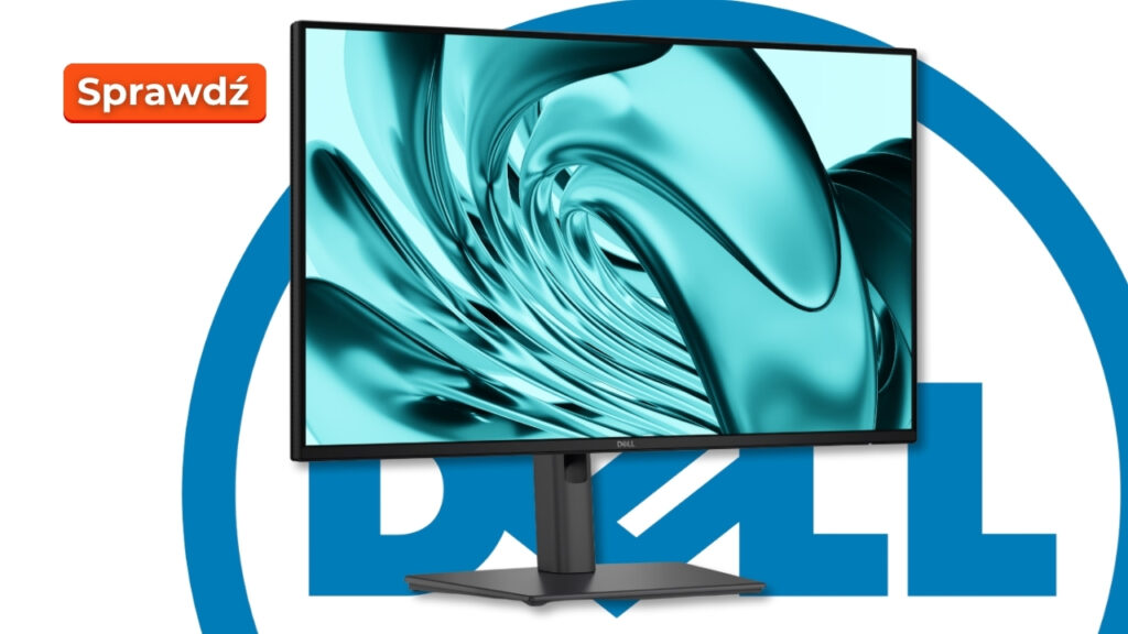 Dell monitor on a stand in front of a large blue Dell logo with an orange 'Sprawdź' button top-left.
