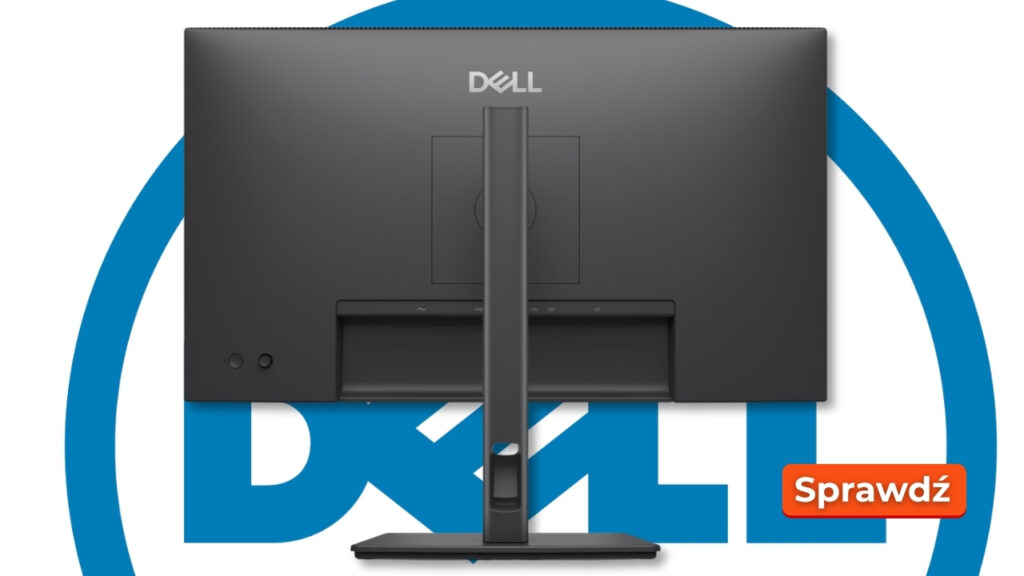 Back view of a Dell monitor on its stand, set against a large Dell logo and a red 'Sprawdź' badge in the corner.