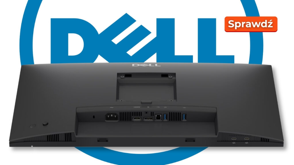 Rear view of a Dell monitor showing its port panel (power, HDMI, USB) with the Dell logo in the background and a 'Sprawdź' badge.
