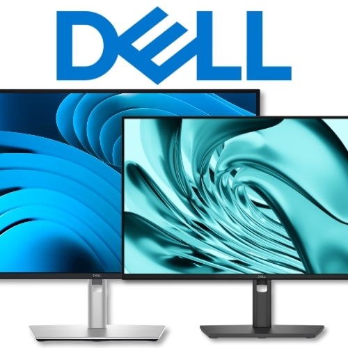 Dell logo above a dual-monitor computer setup on stands, displaying abstract blue screens.