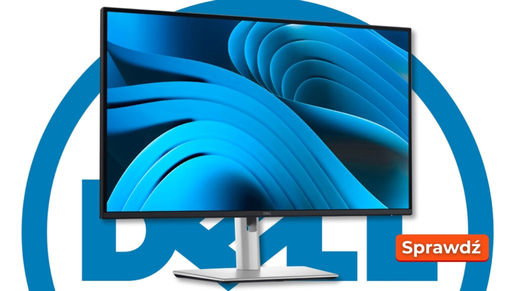 Dell_P2725DE_news0810_007 - lab-kuzniewski.pl - Testy laptopów, recenzje i porównania Dell computer monitor displayed in front of a large blue Dell logo with an orange 'Sprawdź' badge on the right.