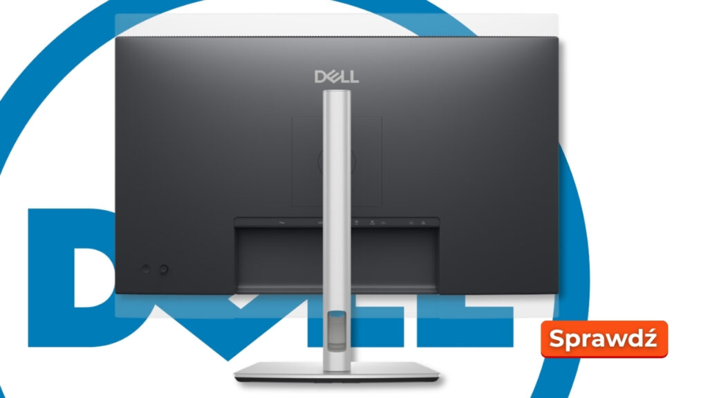 Dell_P2725DE_news0810_008 - lab-kuzniewski.pl - Testy laptopów, recenzje i porównania Rear view of a Dell monitor on a silver stand with a large blue Dell logo backdrop and a 'Sprawdź' button.