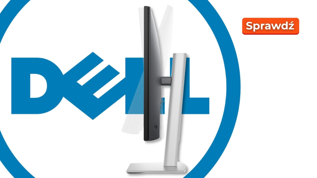 Dell_P2725DE_news0810_010 - lab-kuzniewski.pl - Testy laptopów, recenzje i porównania Dell logo with a vertical computer monitor silhouette on a white background and an orange 'Sprawdź' button nearby