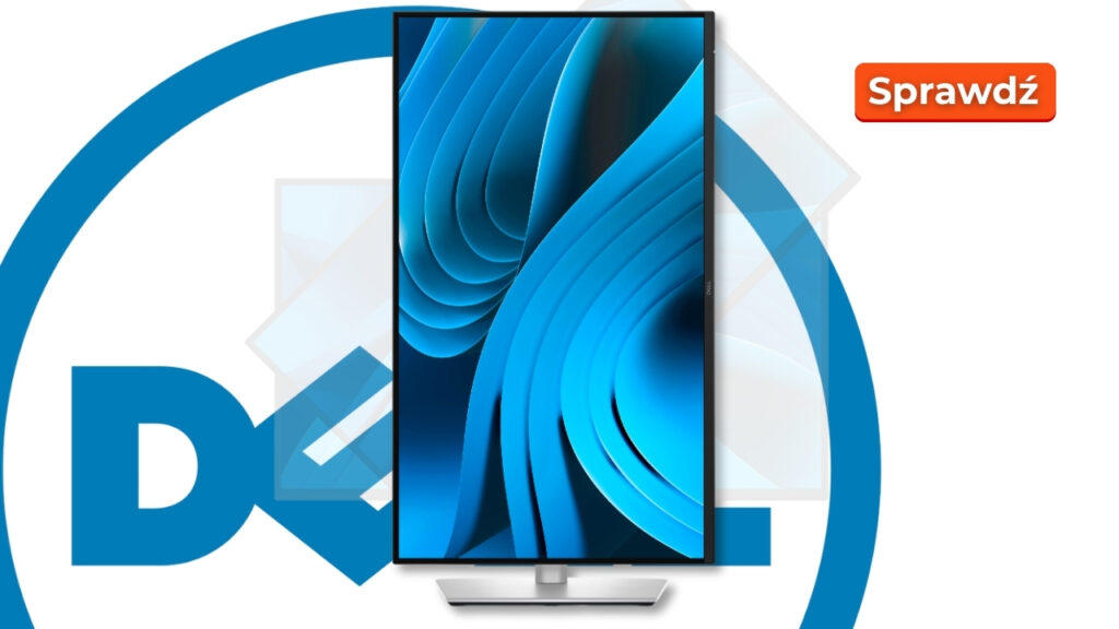Dell_P2725DE_news0810_011 - lab-kuzniewski.pl - Testy laptopów, recenzje i porównania Promotional banner featuring a tall Dell monitor centered on a white background with a blue circular company logo and a 'Sprawdź' call-to-action button in the top right.