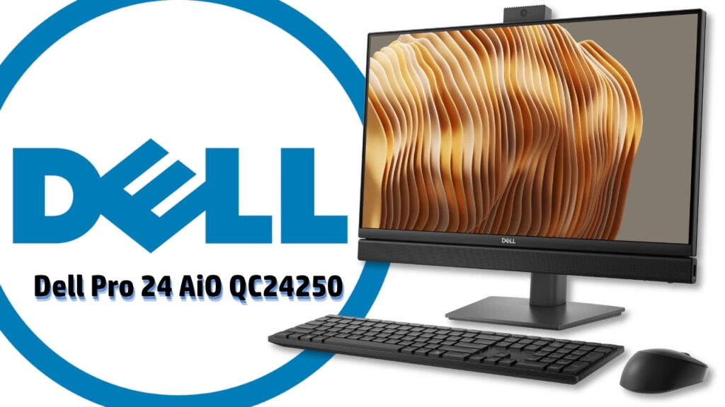 Dell_Pro_24_AiOQC24250_1310_poradnikAIO - lab-kuzniewski.pl - Testy laptopów, recenzje i porównania Dell Pro 24 Aio QC24250 all‑in‑one computer with keyboard and mouse, Dell logo backdrop
