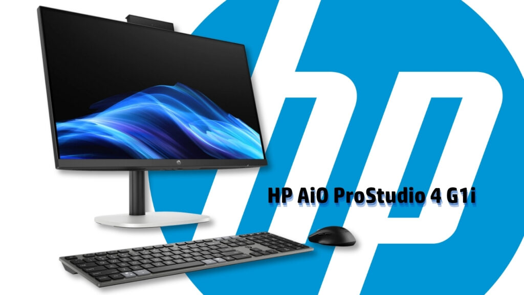 HP_AIO_ProStudio_4_G1i_1310_poradnikAIO - lab-kuzniewski.pl - Testy laptopów, recenzje i porównania HP all-in-one desktop setup with monitor, keyboard, and mouse in front of a large blue HP logo and the model name HP AiO ProStudio 4 G1 (on-screen text).