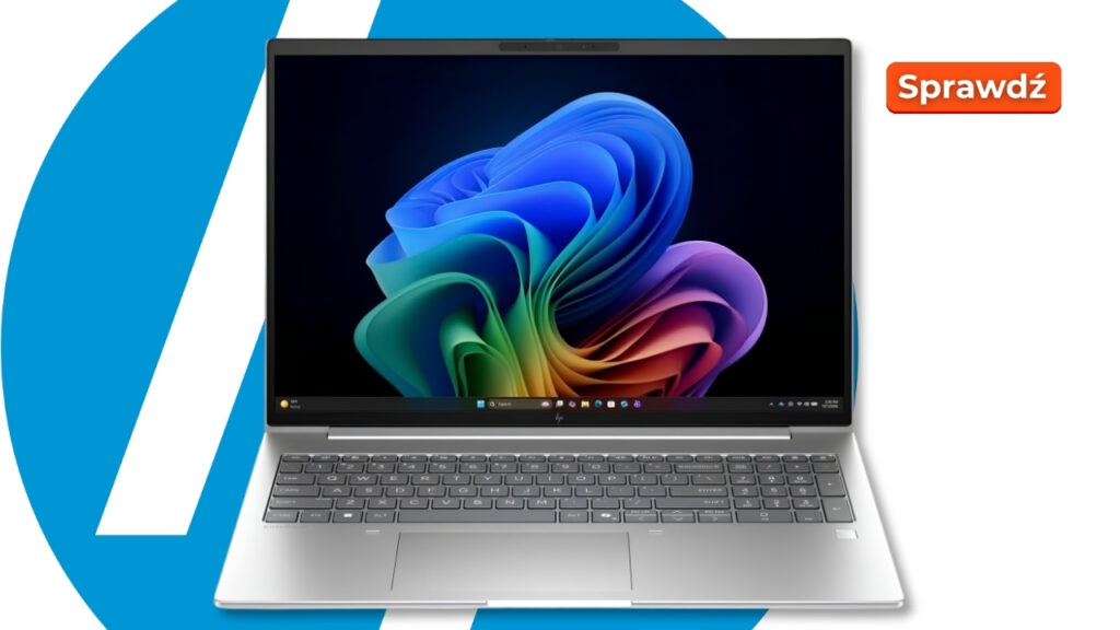 Silver HP laptop open, displaying a colorful abstract wallpaper, on a white background with a blue arc and a red 'Sprawdź' button.