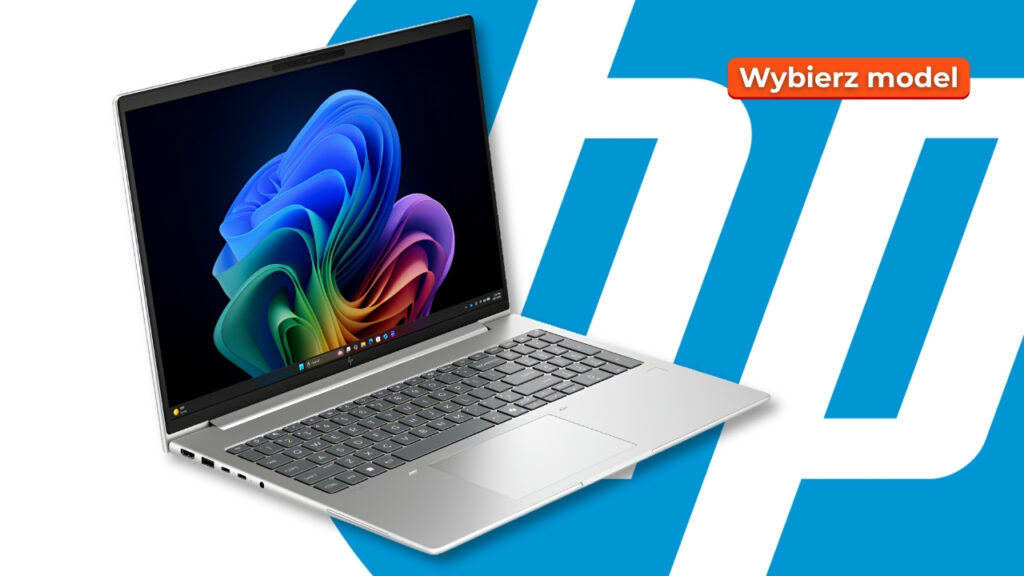 Open silver laptop angled toward the viewer, displaying a colorful wallpaper, over a bold blue background with an orange 'Wybierz model' badge (product hero image).