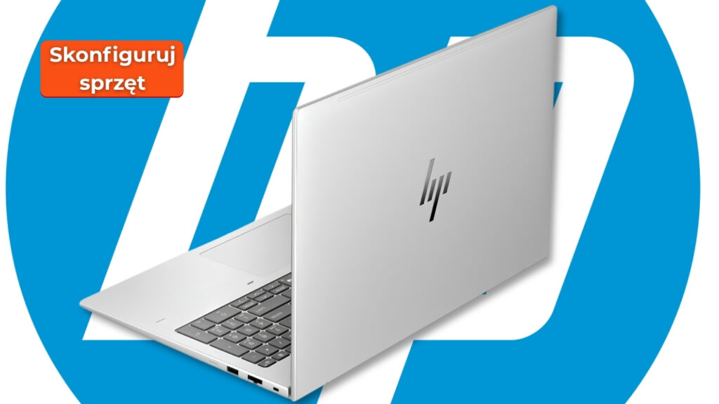 Promotional image of a silver HP laptop on a blue background with an orange label reading 'Skonfiguruj sprzęt' (Configure equipment).