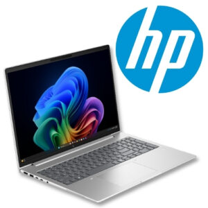 HP laptop opened at an angle, displaying a colorful wallpaper with a large blue HP logo in the background