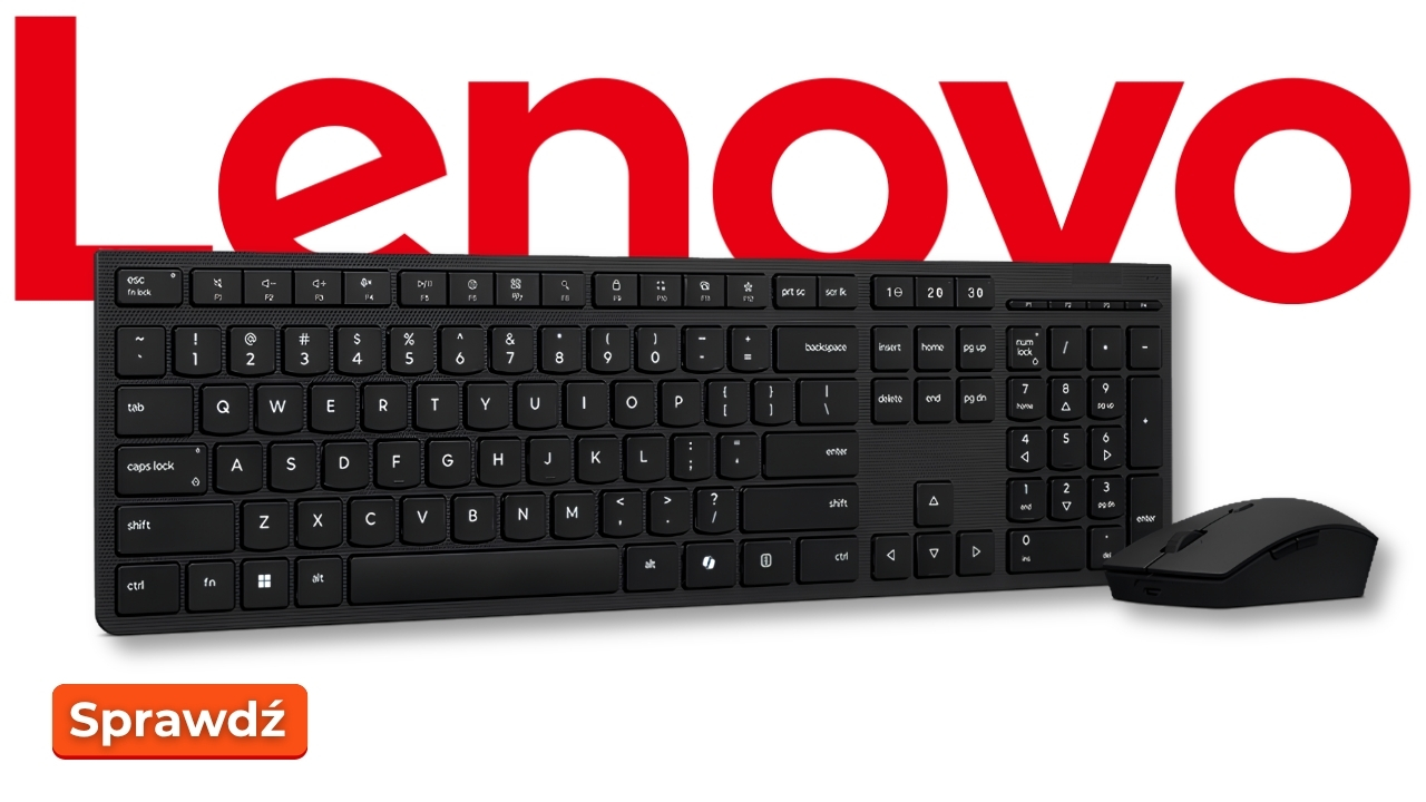 Lenovo_4X31R64316_01 - lab-kuzniewski.pl - Testy laptopów, recenzje i porównania Lenovo red logo backdrop with a black keyboard and mouse in the foreground; orange 'Sprawdź' button bottom-left.