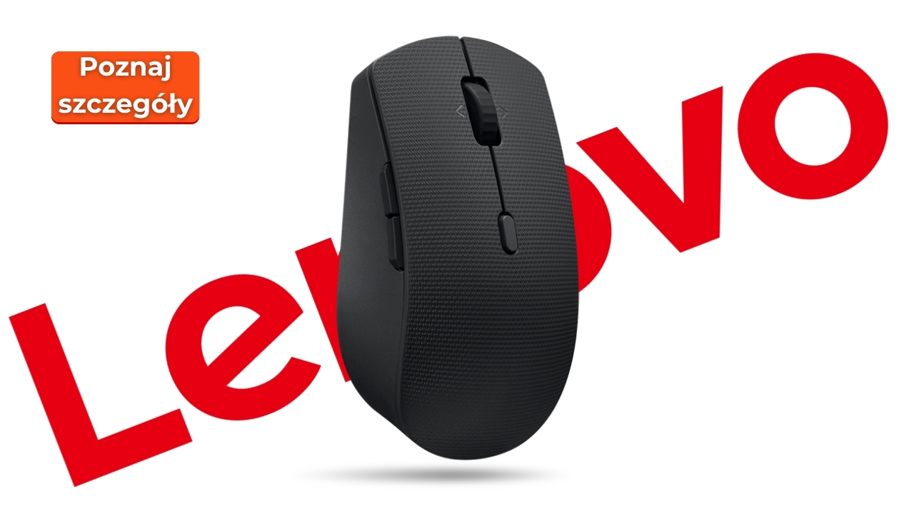 Lenovo_4X31R64316_02 - lab-kuzniewski.pl - Testy laptopów, recenzje i porównania Black wireless mouse with textured surface and scroll wheel, set against a large red Lenovo logo in the background.