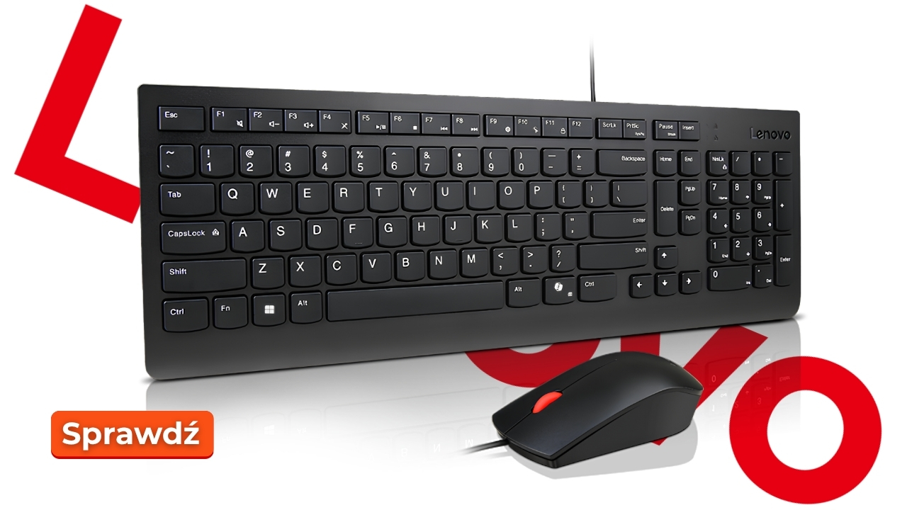 Lenovo_4X31R64400_01 - lab-kuzniewski.pl - Testy laptopów, recenzje i porównania Lenovo wired keyboard and mouse on a white background with red graphic shapes and an orange 'Sprawdź' button (advertising banner).