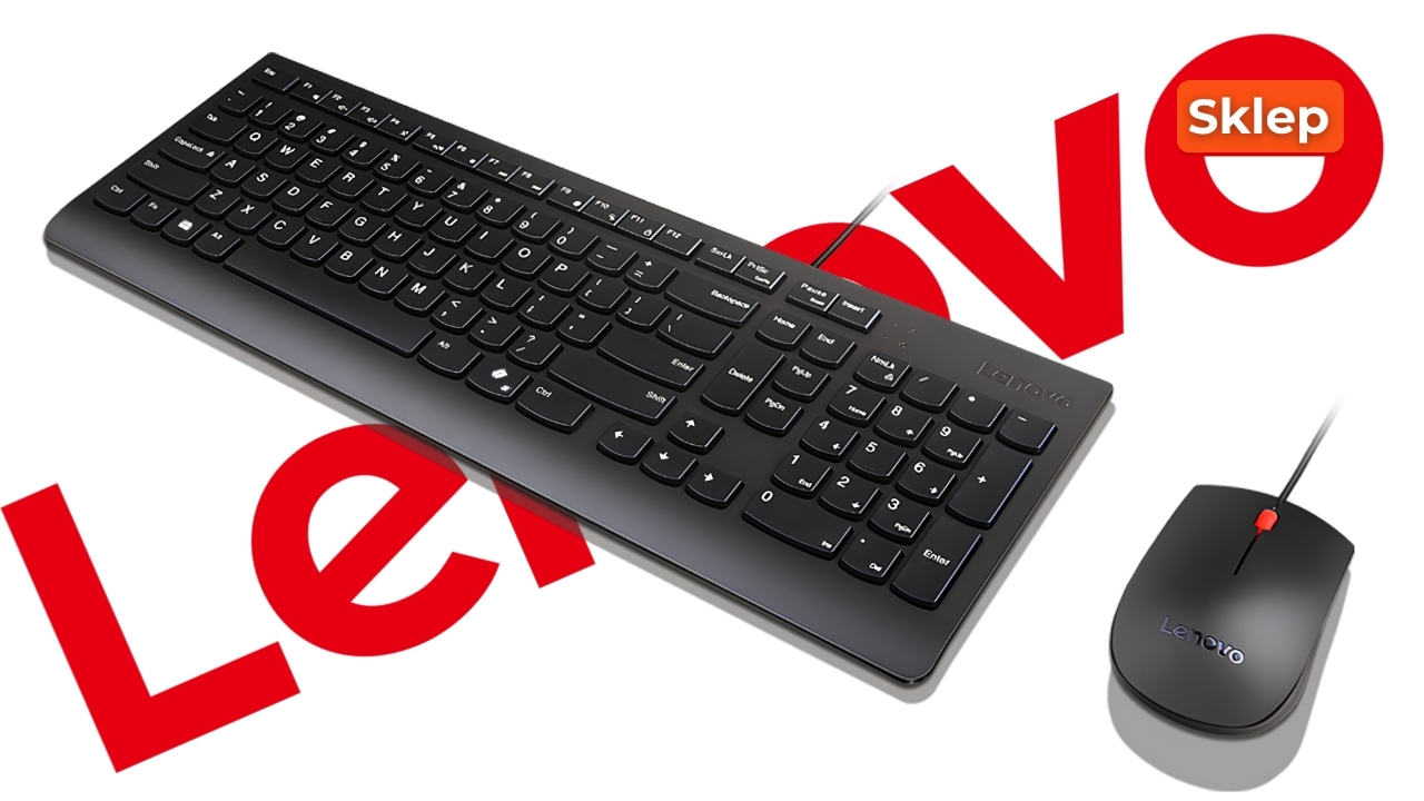Lenovo_4X31R64400_02 - lab-kuzniewski.pl - Testy laptopów, recenzje i porównania Black Lenovo wireless keyboard and mouse on a white background with a large red Lenovo logo.