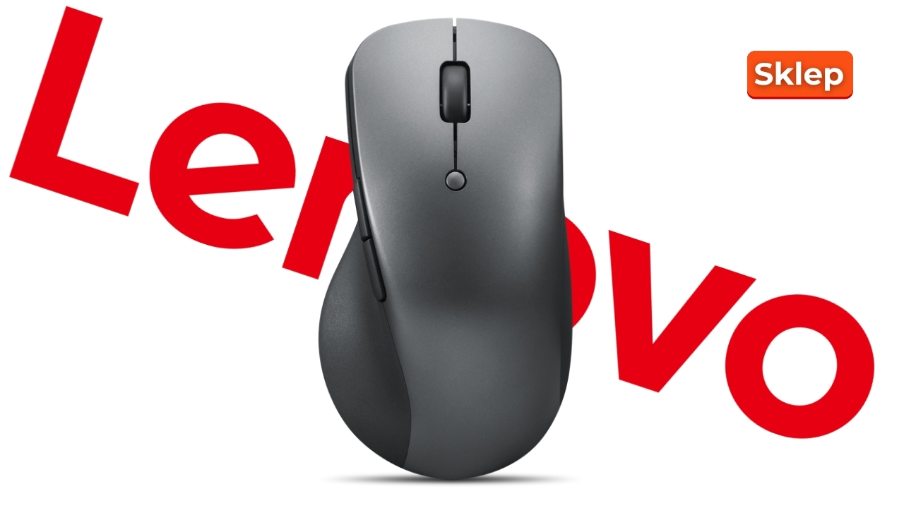 Lenovo_4Y51J62544_01 - lab-kuzniewski.pl - Testy laptopów, recenzje i porównania Gray wireless computer mouse centered on white background with large red Lenovo wordmark and a Sklep badge in the corner.