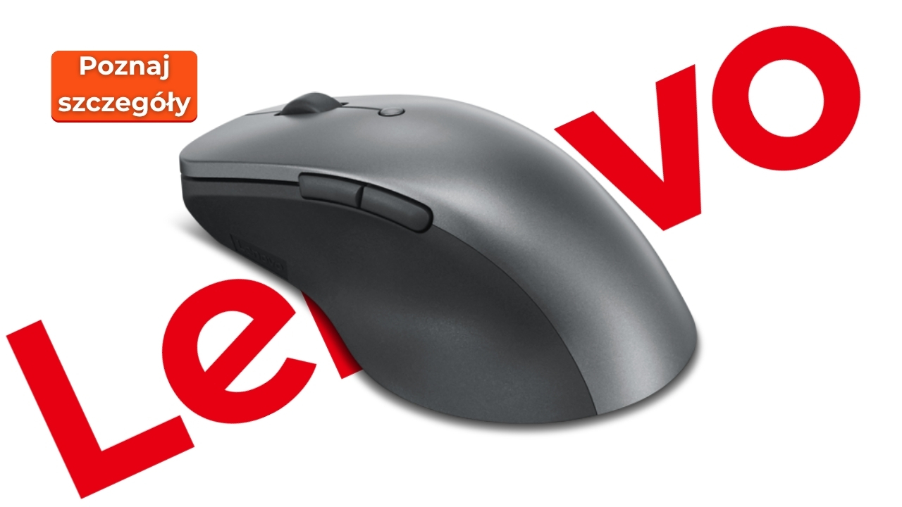 Lenovo_4Y51J62544_02 - lab-kuzniewski.pl - Testy laptopów, recenzje i porównania Gray wireless computer mouse with large red 'LOVE' letters in the background and an orange 'Poznaj szczegóły' badge in the corner.
