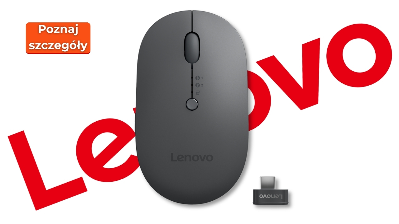 Lenovo_4Y51R29290_01 - lab-kuzniewski.pl - Testy laptopów, recenzje i porównania Lenovo wireless mouse with USB nano receiver on a white background and a large red Lenovo logo in the backdrop; includes an orange 'Poznaj szczegóły' badge in the upper left.
