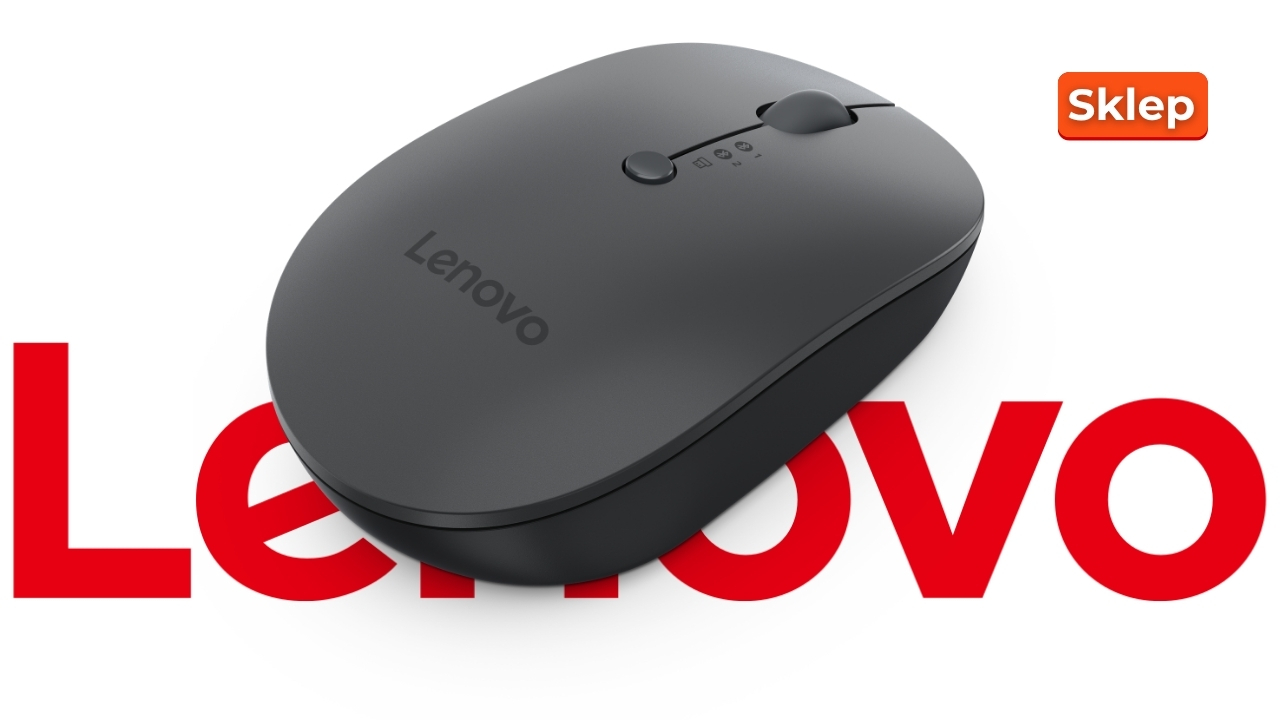 Lenovo_4Y51R29290_02 - lab-kuzniewski.pl - Testy laptopów, recenzje i porównania Black Lenovo wireless mouse resting on a large red Lenovo logo with a Sklep badge in the corner, product-focused image.