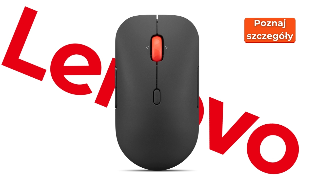 Lenovo_4Y51S61876_01 - lab-kuzniewski.pl - Testy laptopów, recenzje i porównania Czarna bezprzewodowa mysz komputerowa na białym tle, w tle widoczne czerwone litery 'Lenovo' i pomarańczowy przycisk 'Poznaj szczegóły'.