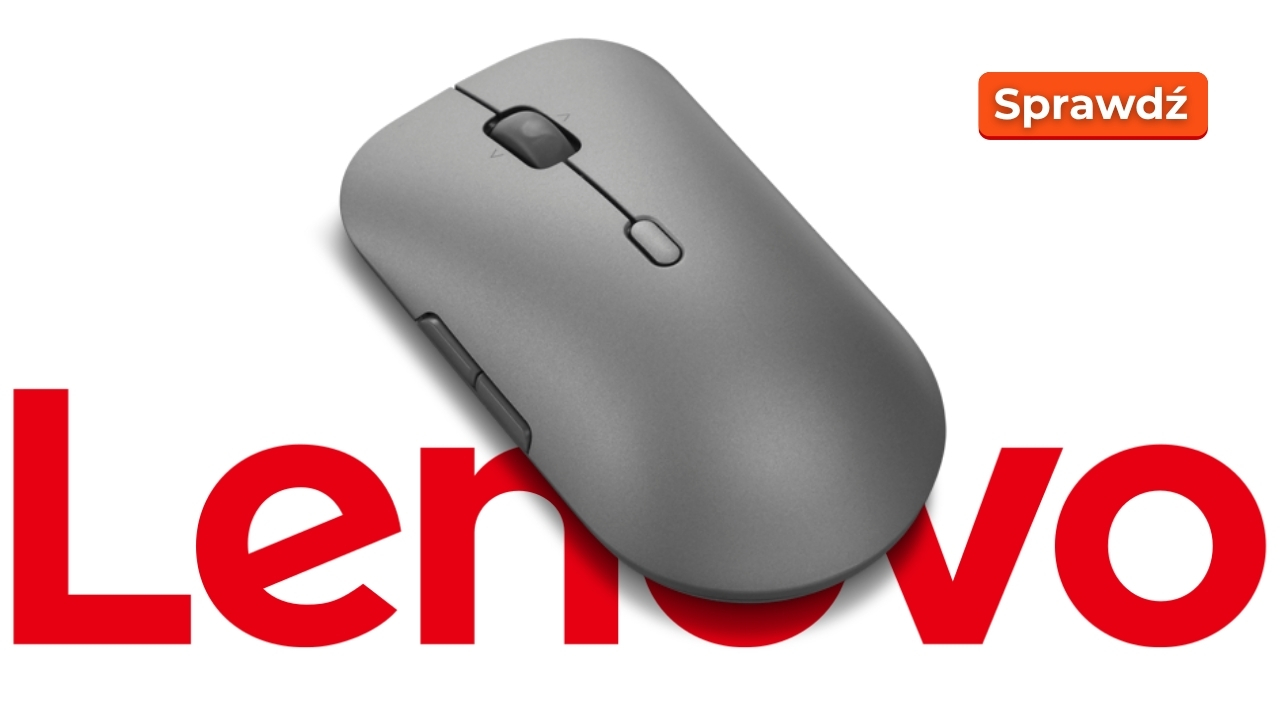Lenovo_4Y51S61878_01 - lab-kuzniewski.pl - Testy laptopów, recenzje i porównania Gray wireless computer mouse resting over a bold red Lenovo logo with an orange 'Sprawdź' CTA button in the corner (advertisement).