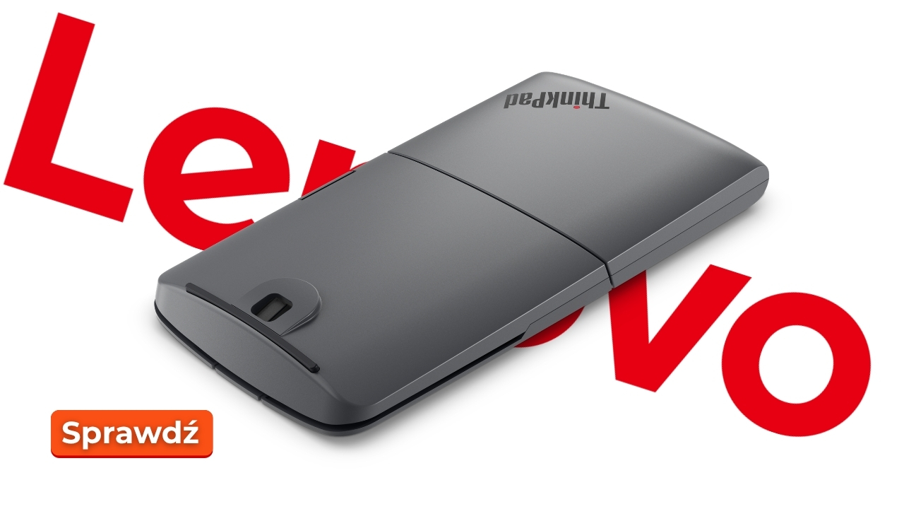 Lenovo_4Y51T62792_02 - lab-kuzniewski.pl - Testy laptopów, recenzje i porównania Promotional image showing a gray USB wireless dongle/receiver with a Lenovo branding and an orange 'Sprawdź' button.