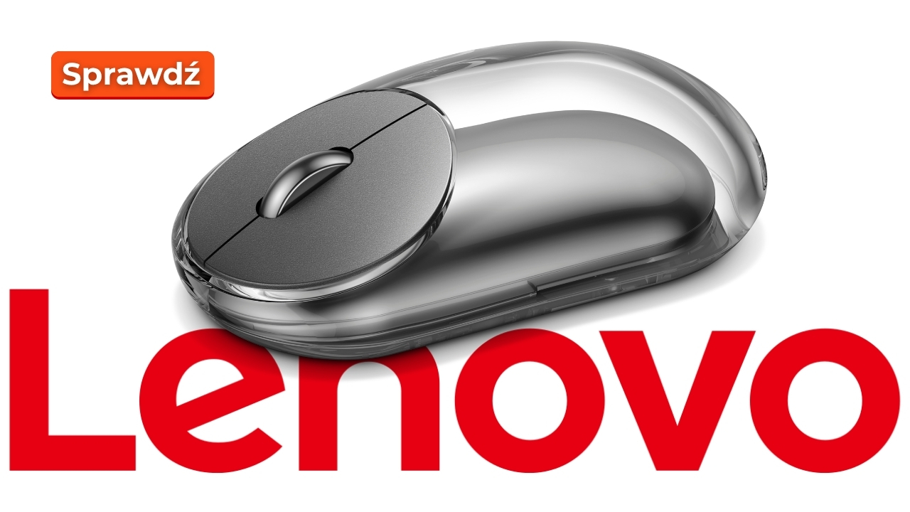 Lenovo_4Y51V37298_02 - lab-kuzniewski.pl - Testy laptopów, recenzje i porównania Lenovo logo with a sleek wireless mouse above it and a Polish 'Sprawdź' badge in the top-left corner as a brand ad.