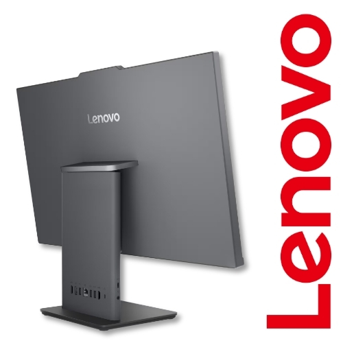 Back view of a Lenovo monitor on its stand, with the Lenovo logo visible on the screen, and a large red 'Lenovo' wordmark placed vertically along the right edge.