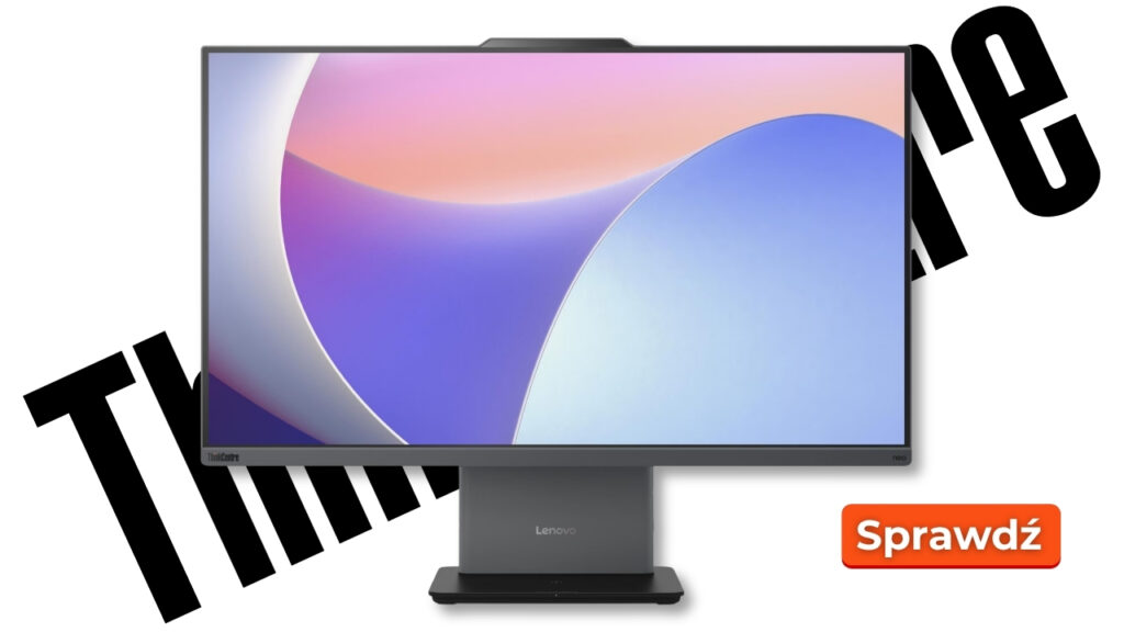 Advertisement graphic showing a Lenovo computer monitor on a gray stand with abstract wallpaper, and a bright orange Sprawdź button (CTA) on the right.